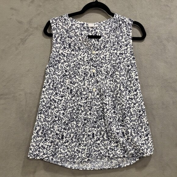 GAP Shirt Womens Small White Blue Floral Sleeveless Pintuck Button Front Top - Picture 1 of 8